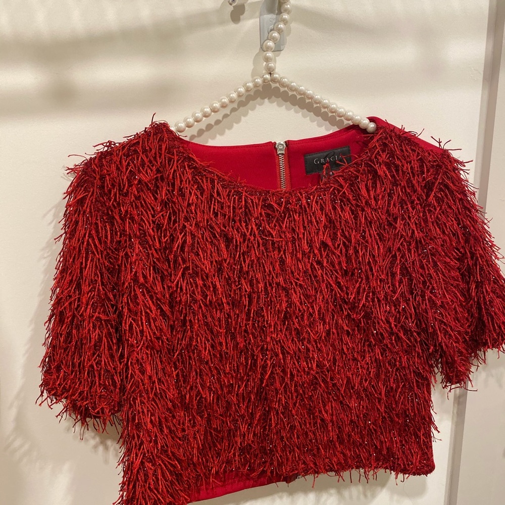Red crop top neoprene blouse